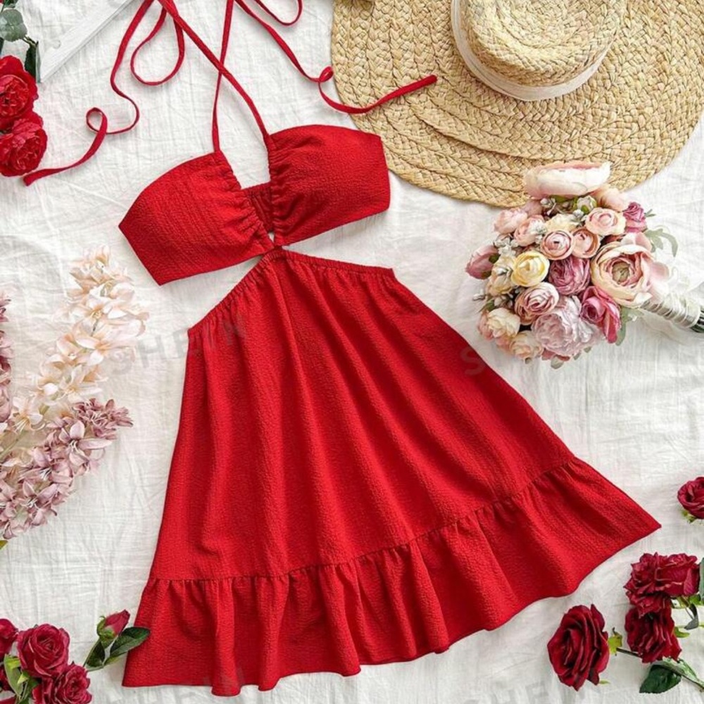 SHEIN Dreamara Red Hollow Out Back Vacation Halter Dress, NEW, Size 8/10 L